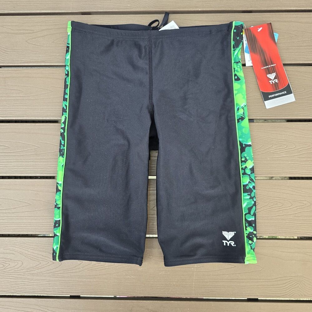 TYR Mens Tyreeco Nylon Pisces Jammer Swimsuit Drawstring Black Green Size 32 New